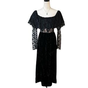 Vintage Lee Jordan Black Velvet Sheer Lace Off Shoulder Maxi Dress Holiday Goth